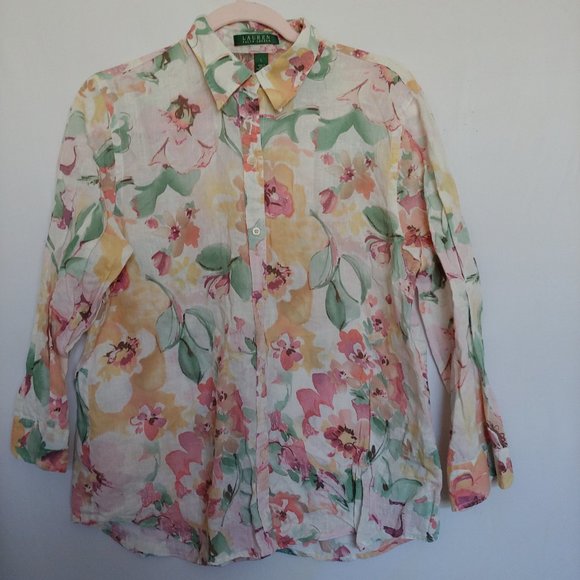 Ralph Lauren watercolor pastel floral button down 100% linen shirt size L - Picture 1 of 14